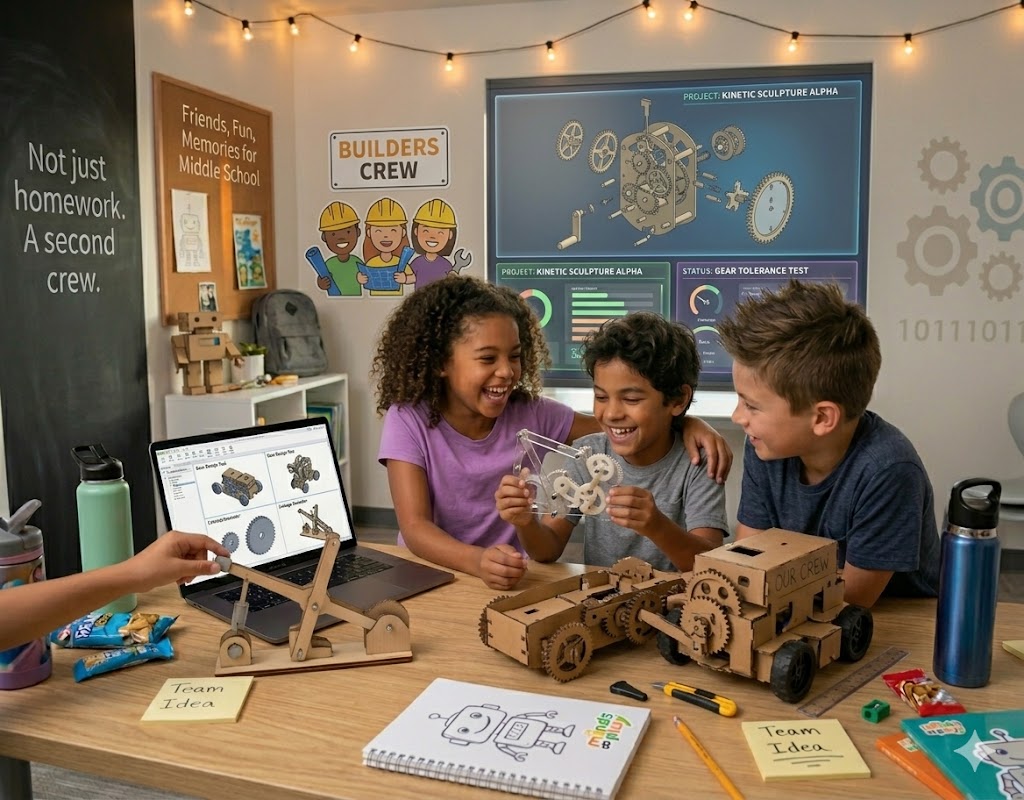 Three kids around a table with cardboard projects