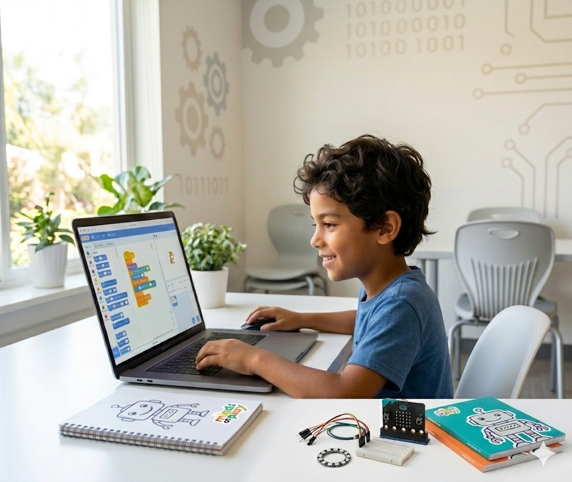 Kid coding on a laptop with a micro:bit kit