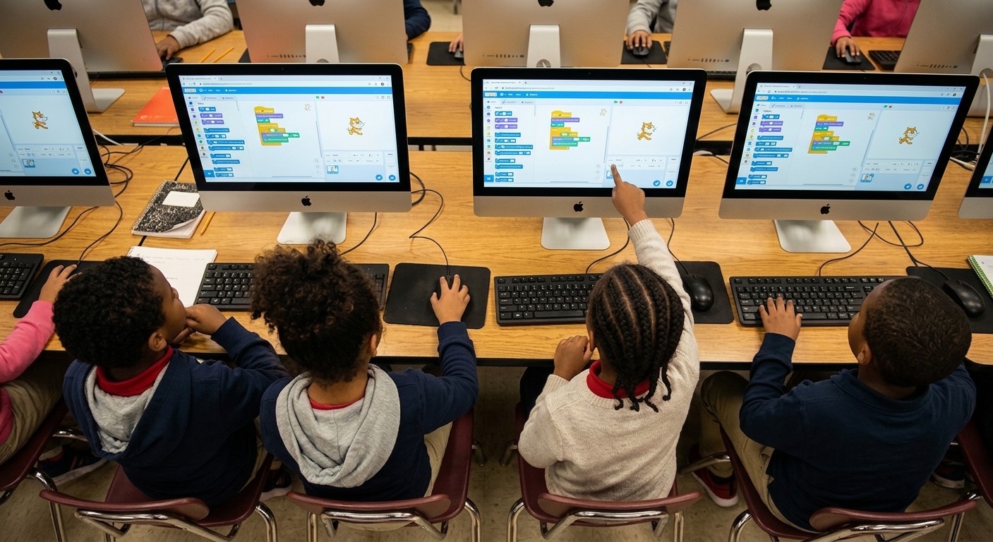 Kids at a row of iMacs building their own projects in Scratch