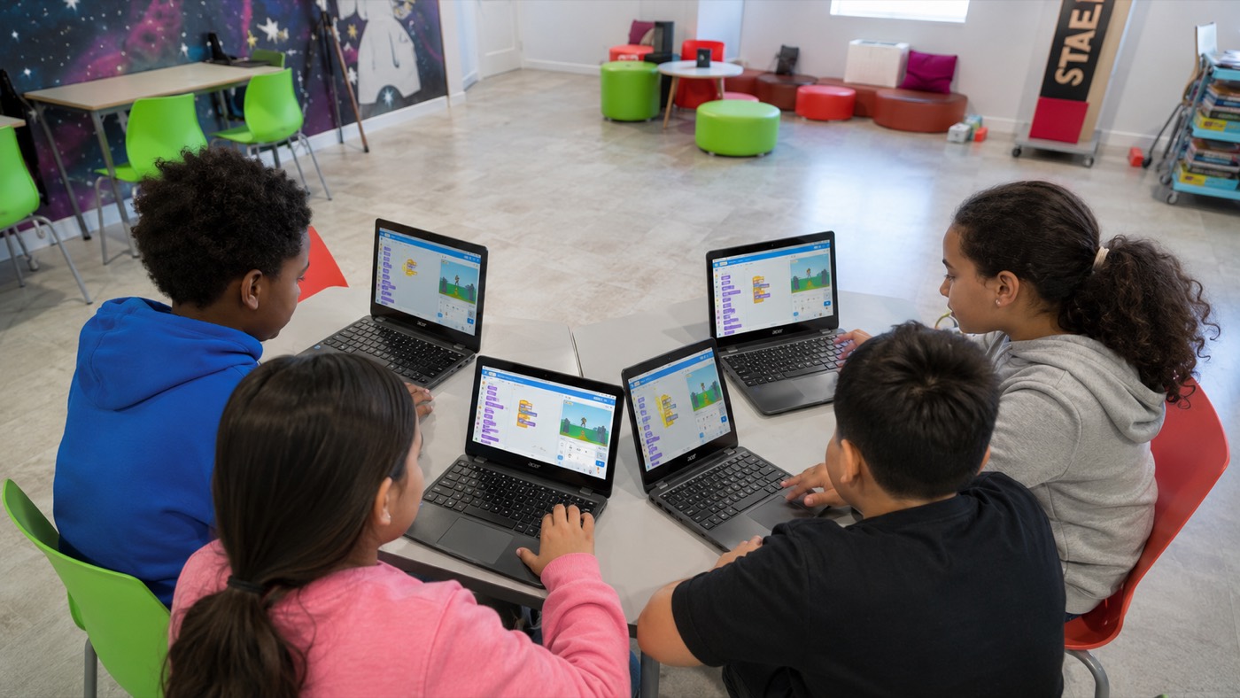 Four kids around a table coding Scratch games on laptops