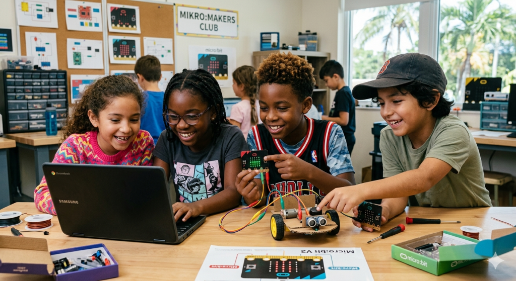 Kids huddled around a laptop building a micro:bit project
