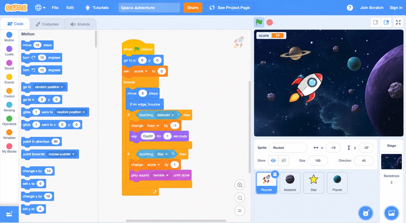 The Scratch editor, showing a game's code blocks beside the stage it controls