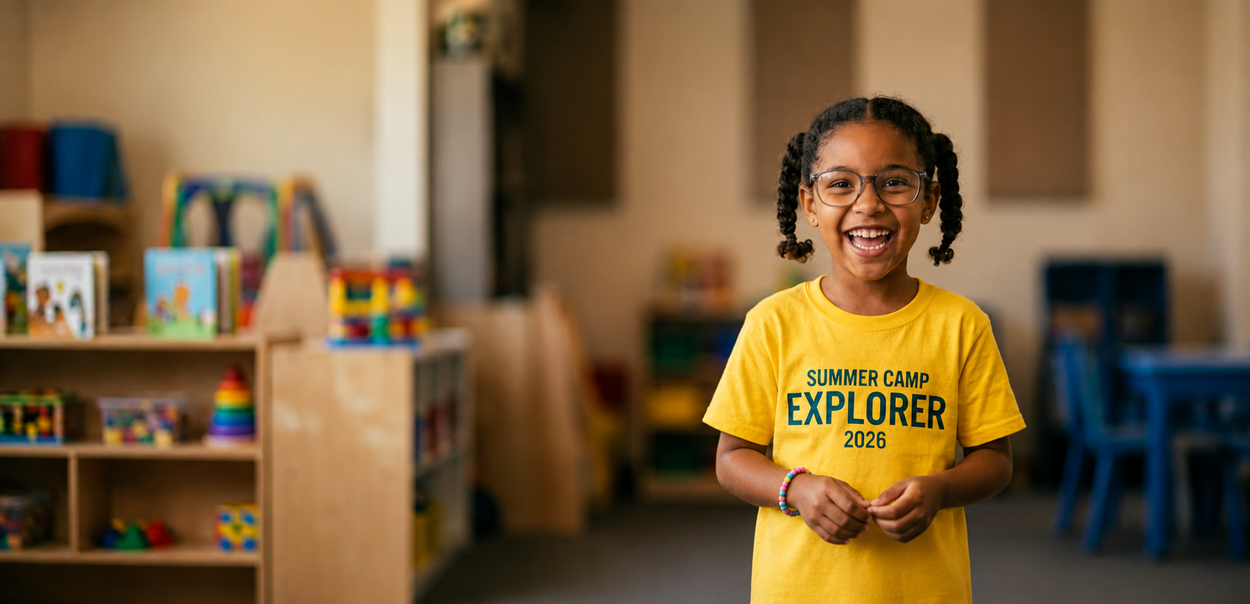 Kid smiling in a Summer Camp Explorer 2026 shirt in our classroom