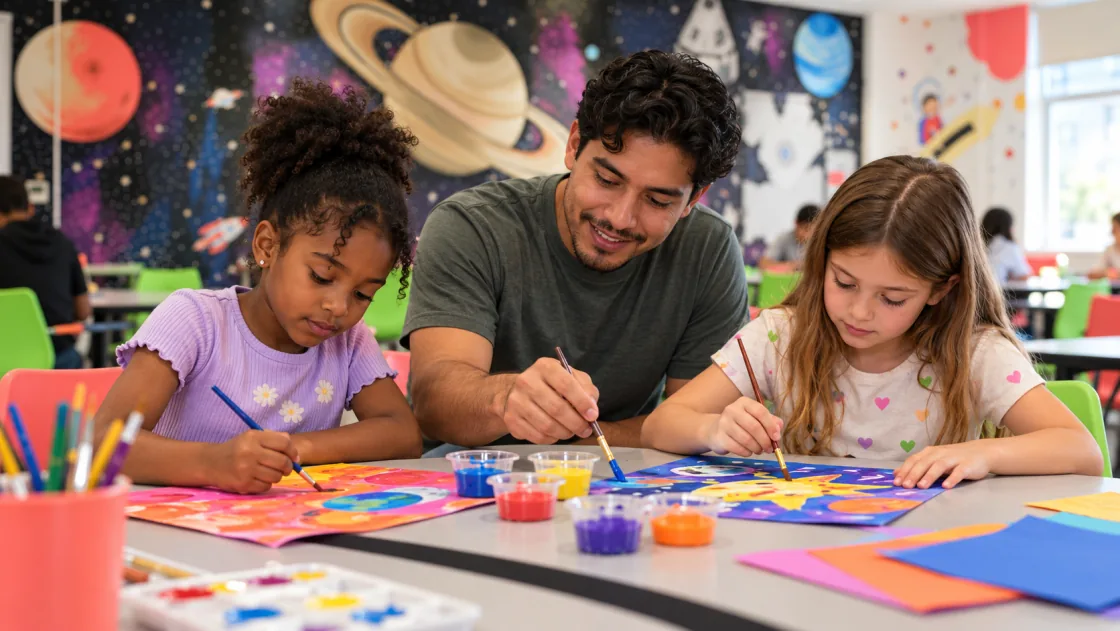 Instructor painting with two kids