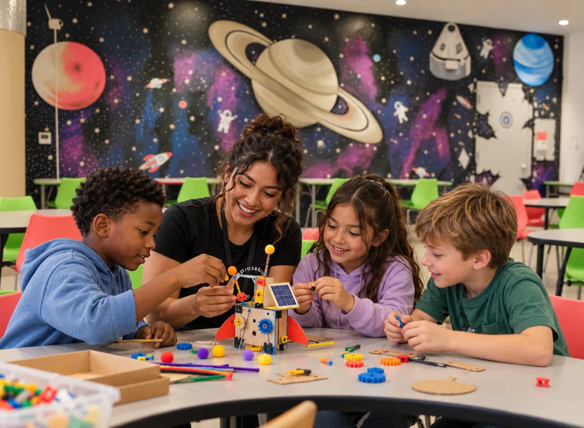 Instructor building a robot with three kids