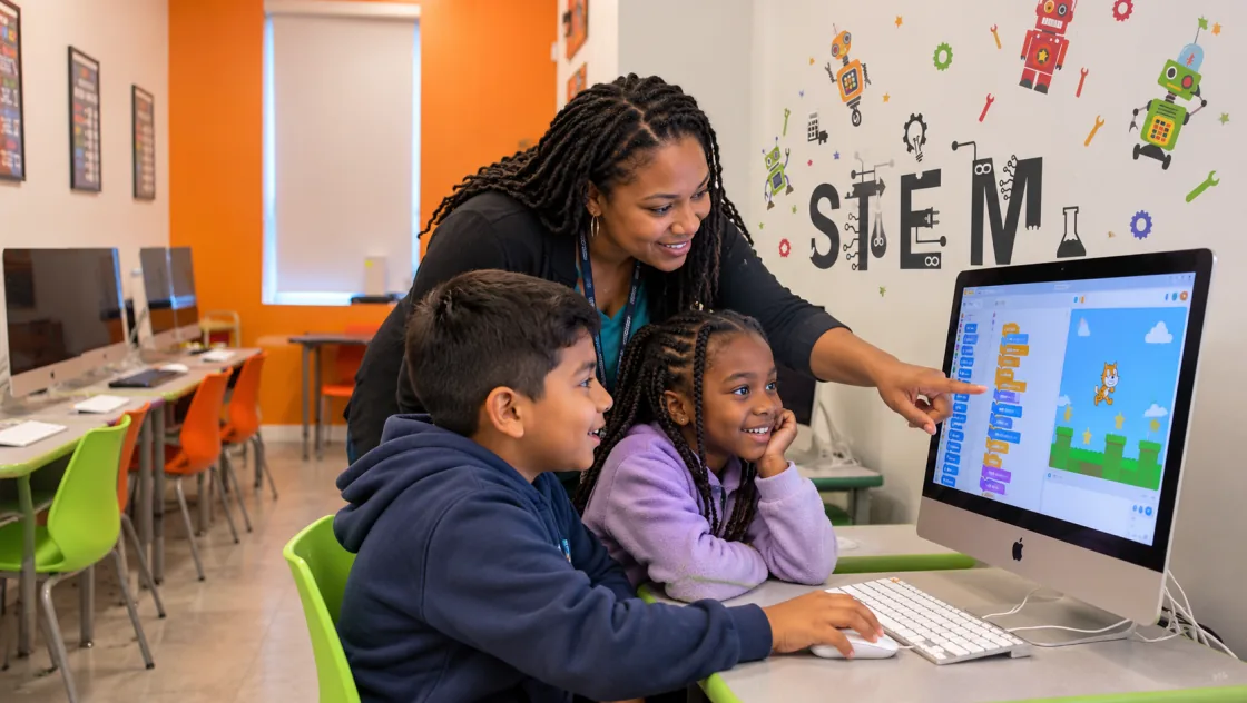 Instructor helping two kids code a game