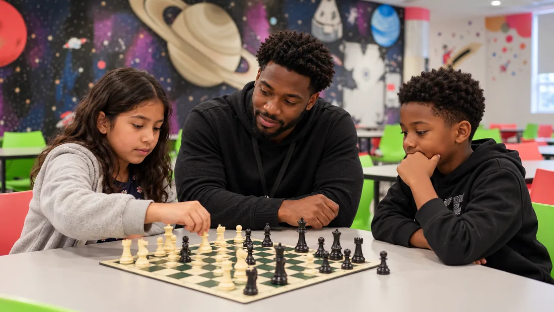 Instructor watching two kids play chess
