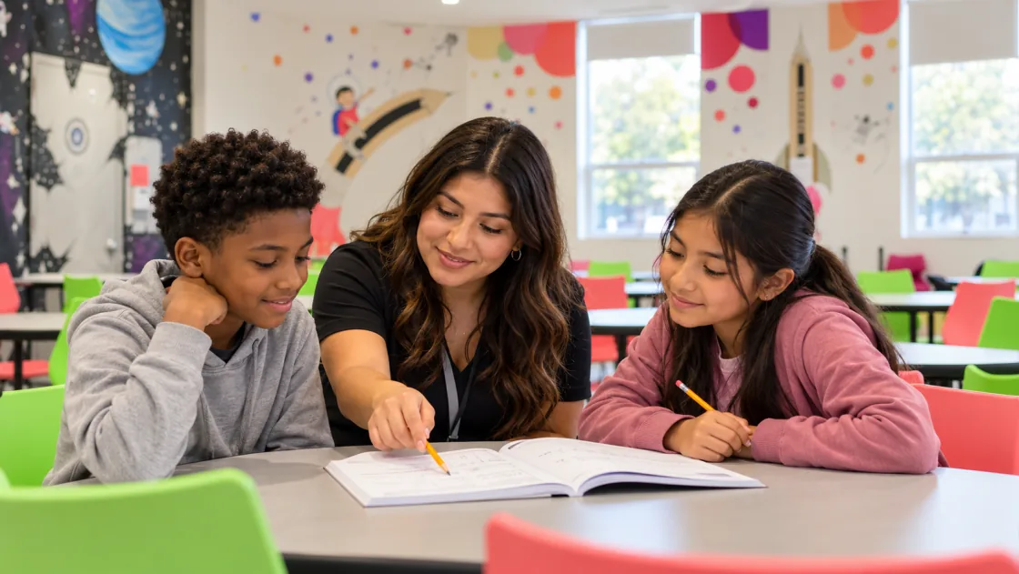 Instructor tutoring two students with a workbook