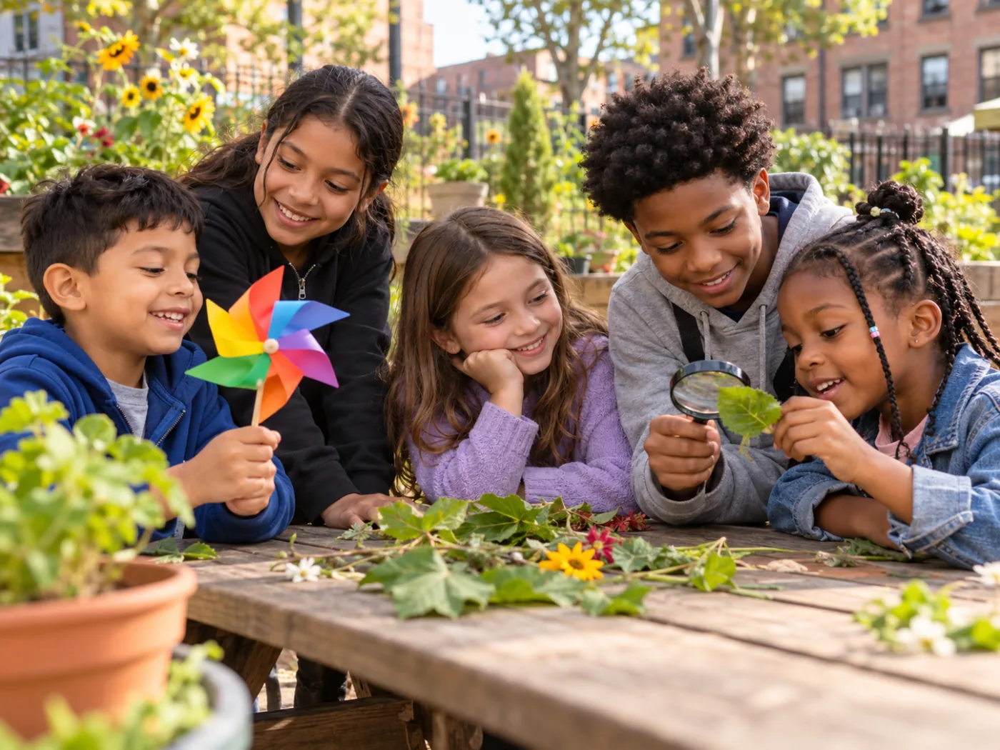 Kids exploring plants and a pinwheel at an outdoor garden table